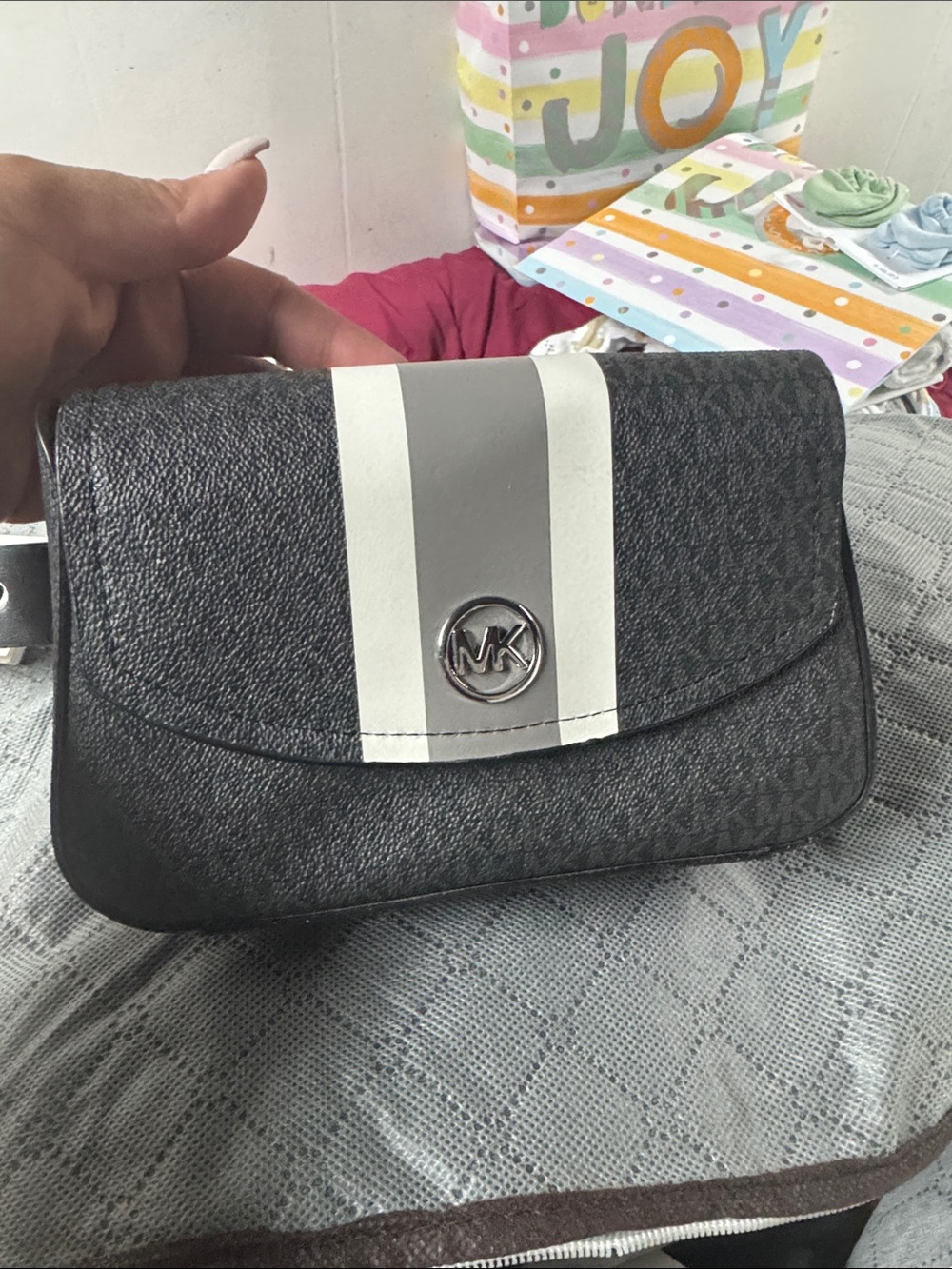 Michael Kors Black Crossbody with White & Gray Center Stripe